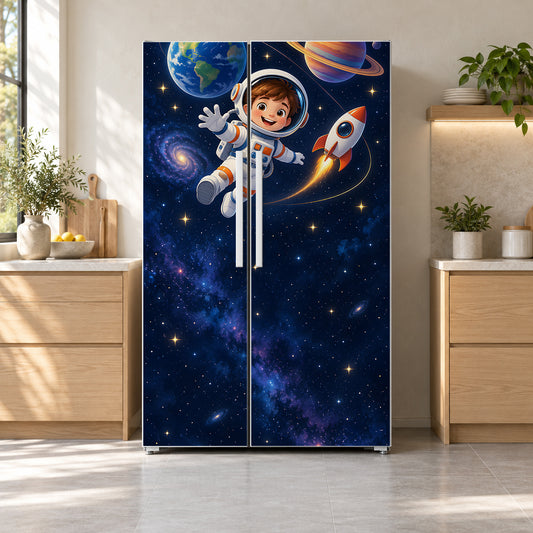 Little Astronaut in Space fridge wrap on a side-by-side refrigerator