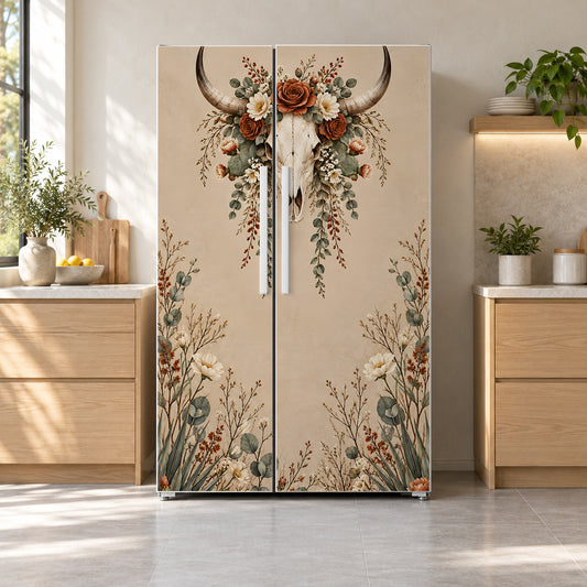 Longhorn Skull & Florals fridge wrap on a side-by-side refrigerator