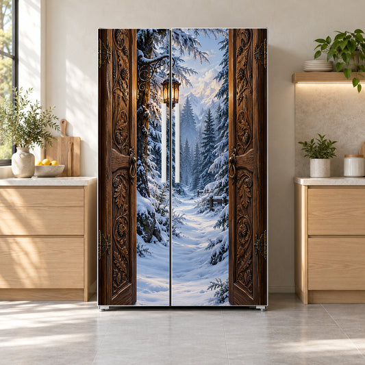 Magic Wardrobe Snowy Forest fridge wrap on a side-by-side refrigerator