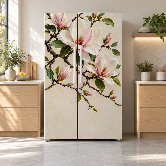 Magnolia Branch fridge wrap on a side-by-side refrigerator