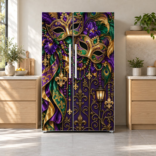 Mardi Gras fridge wrap on a side-by-side refrigerator
