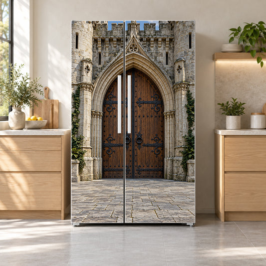 Medieval Castle Gate fridge wrap on a side-by-side refrigerator