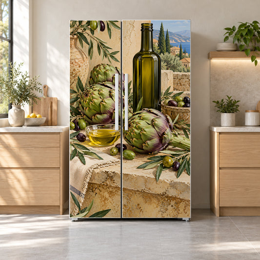 Mediterranean Artichokes & Olive Oil fridge wrap on a side-by-side refrigerator