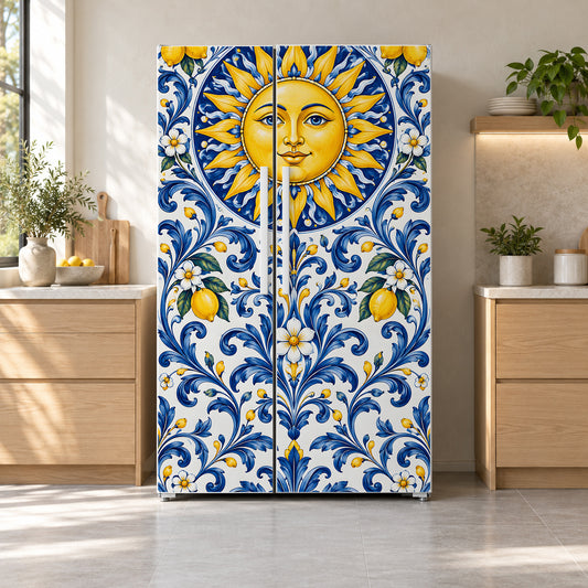 Mediterranean Sun Majolica fridge wrap on a side-by-side refrigerator