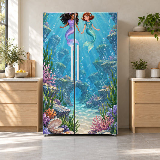 Mermaid Lagoon fridge wrap on a side-by-side refrigerator