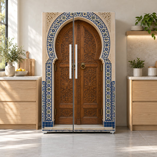 Moroccan Arched Door fridge wrap on a side-by-side refrigerator