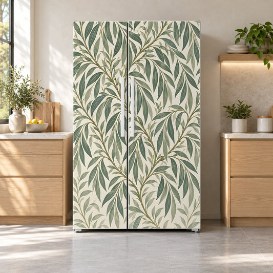 Morris Inspired Willow Leaves fridge wrap on a side-by-side refrigerator