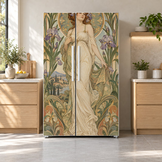 Mucha Inspired Art Nouveau fridge wrap on a side-by-side refrigerator