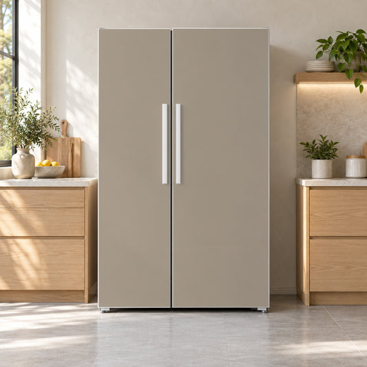 Mushroom Taupe fridge wrap on a side-by-side refrigerator