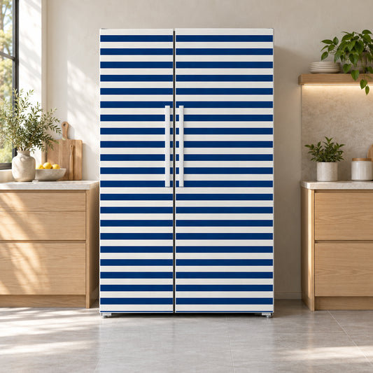 Navy Breton Stripes fridge wrap on a side-by-side refrigerator