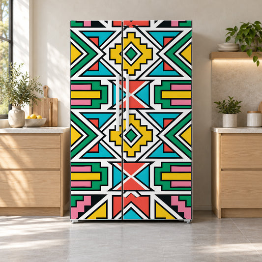 Ndebele Geometric fridge wrap on a side-by-side refrigerator