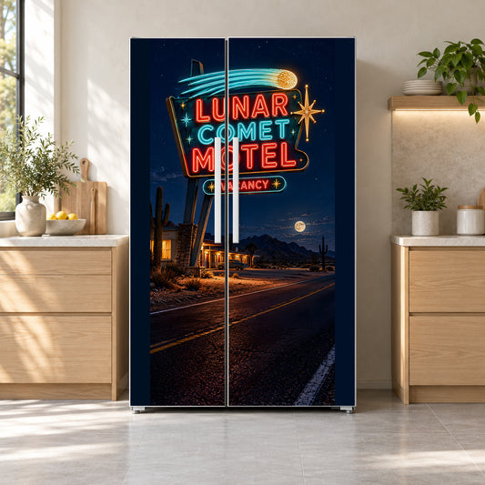 Neon Motel Sign fridge wrap on a side-by-side refrigerator