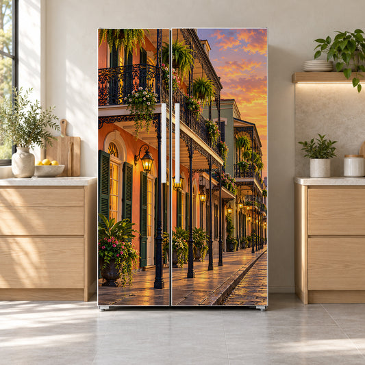 New Orleans French Quarter Balconies fridge wrap on a side-by-side refrigerator