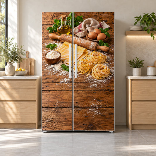 Nonna's Fresh Pasta fridge wrap on a side-by-side refrigerator