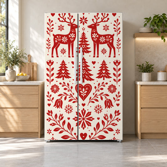 Nordic Folk Christmas fridge wrap on a side-by-side refrigerator