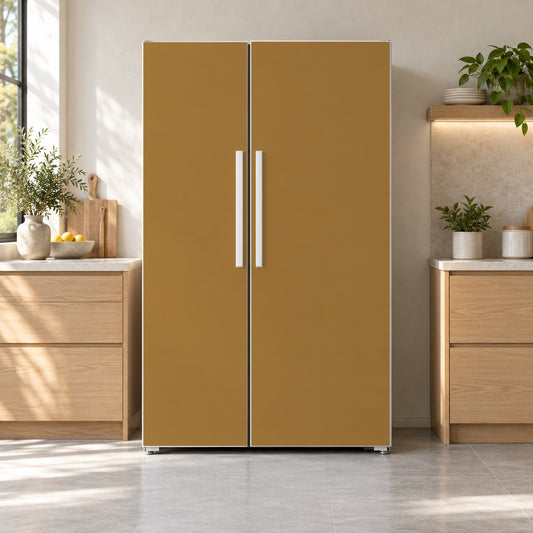 Ochre fridge wrap on a side-by-side refrigerator
