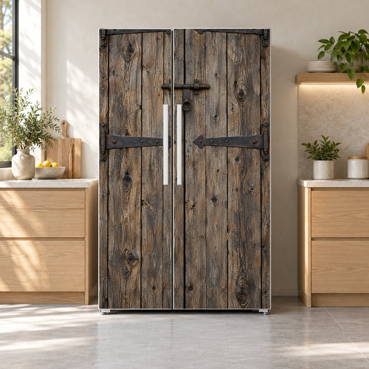 Old Barn Door fridge wrap on a side-by-side refrigerator