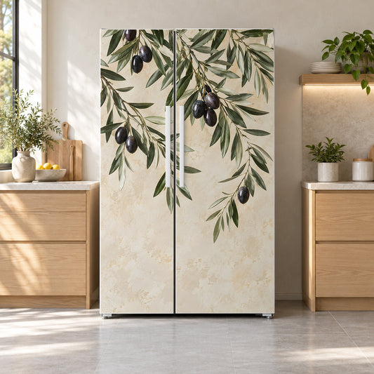 Olive Branches fridge wrap on a side-by-side refrigerator