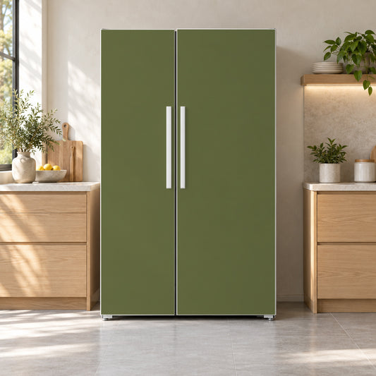Olive Green fridge wrap on a side-by-side refrigerator