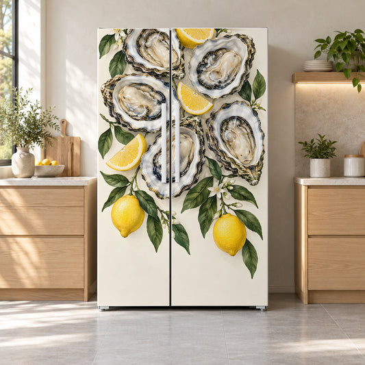 Oysters & Lemons fridge wrap on a side-by-side refrigerator