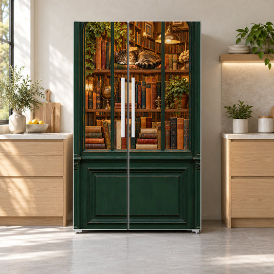 Paris Bookshop Window fridge wrap on a side-by-side refrigerator