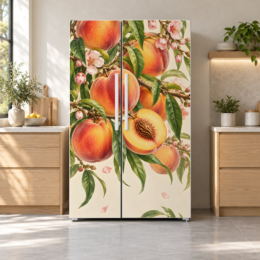 Peaches fridge wrap on a side-by-side refrigerator