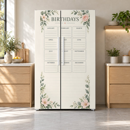 Perpetual Birthday Calendar fridge wrap on a side-by-side refrigerator