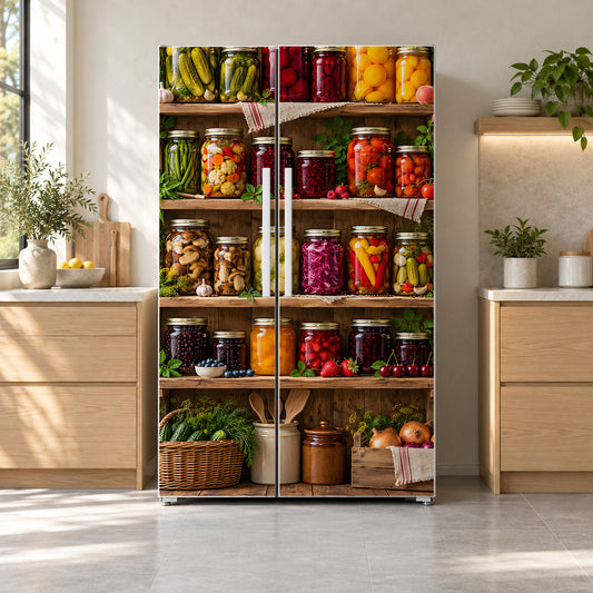Pickles & Preserves Pantry fridge wrap on a side-by-side refrigerator