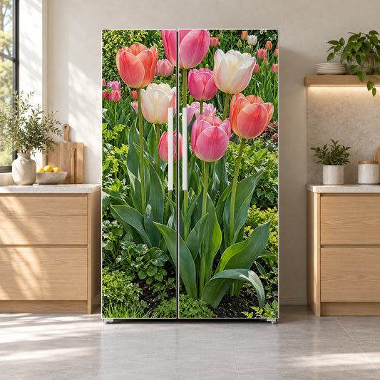 Pink Tulips fridge wrap on a side-by-side refrigerator