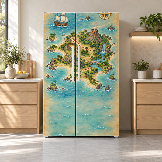 Pirate Treasure Map fridge wrap on a side-by-side refrigerator