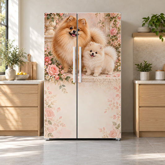 Pomeranians fridge wrap on a side-by-side refrigerator