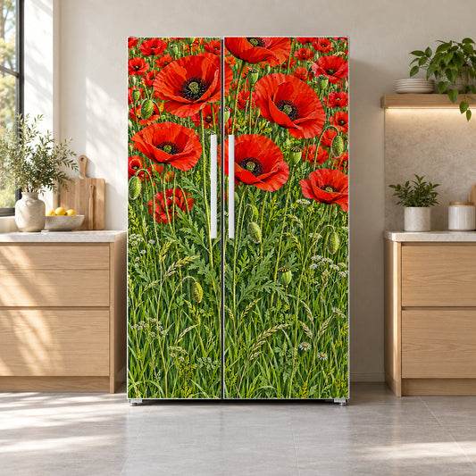Poppy Field fridge wrap on a side-by-side refrigerator