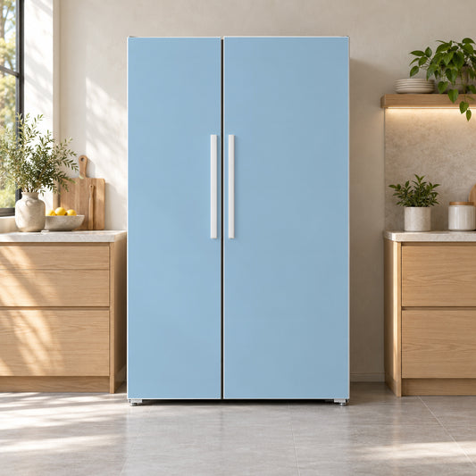 Powder Blue fridge wrap on a side-by-side refrigerator
