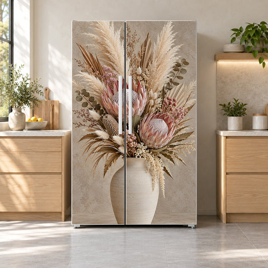Protea & Pampas Boho fridge wrap on a side-by-side refrigerator