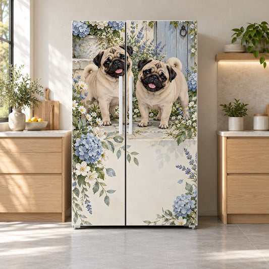 Pugs fridge wrap on a side-by-side refrigerator