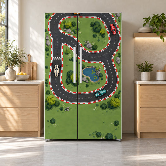 Race Car Track fridge wrap on a side-by-side refrigerator