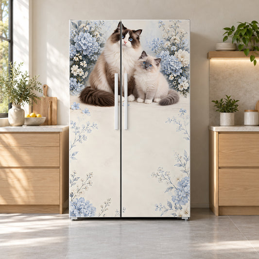Ragdoll Cats fridge wrap on a side-by-side refrigerator