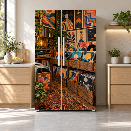 Record Store Crates fridge wrap on a side-by-side refrigerator