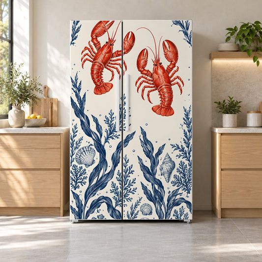 Red Lobsters fridge wrap on a side-by-side refrigerator