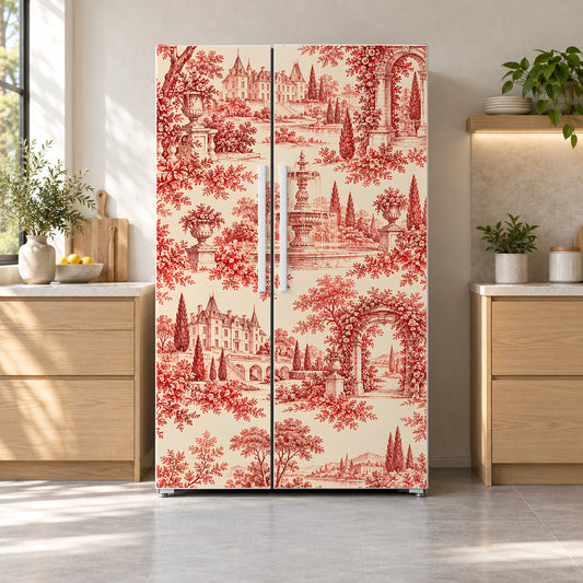 Red Toile de Jouy fridge wrap on a side-by-side refrigerator
