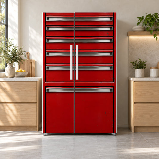 Red Tool Chest fridge wrap on a side-by-side refrigerator