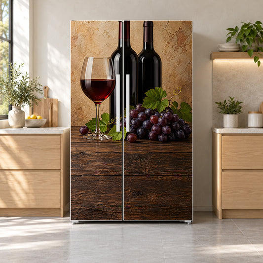 Red Wine & Grapes fridge wrap on a side-by-side refrigerator