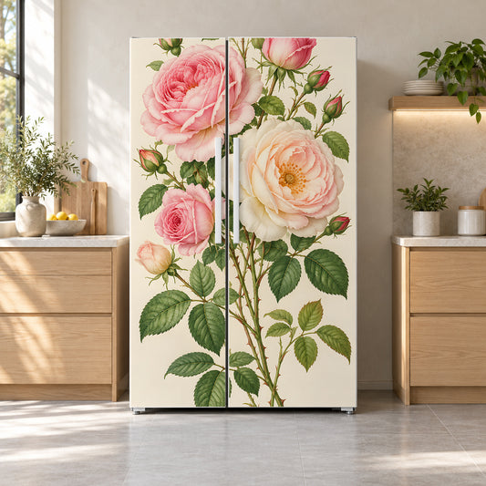Redouté-Inspired Roses fridge wrap on a side-by-side refrigerator