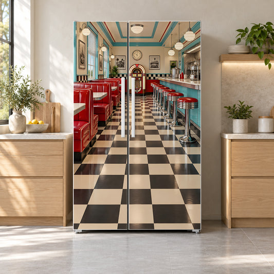 Retro 50s Diner fridge wrap on a side-by-side refrigerator