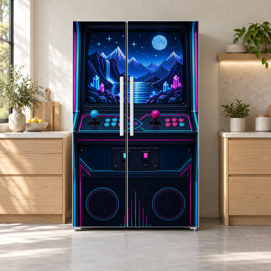 Retro Arcade Cabinet fridge wrap on a side-by-side refrigerator