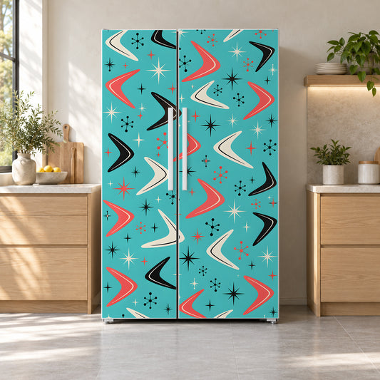 Retro Boomerang Pattern fridge wrap on a side-by-side refrigerator