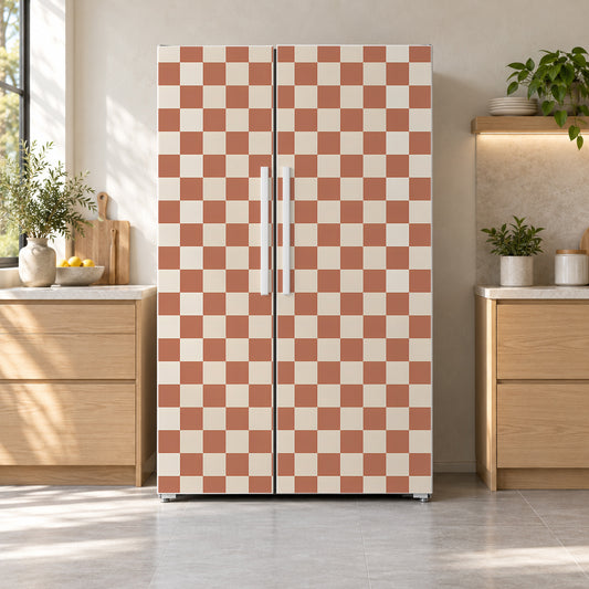 Retro Checkerboard fridge wrap on a side-by-side refrigerator