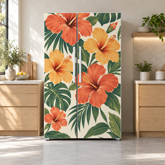 Retro Hawaiian Hibiscus fridge wrap on a side-by-side refrigerator