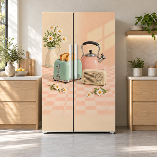 Retro Pastel Kitchen Gadgets fridge wrap on a side-by-side refrigerator