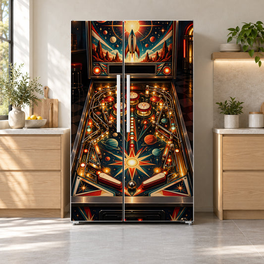 Retro Pinball Machine fridge wrap on a side-by-side refrigerator
